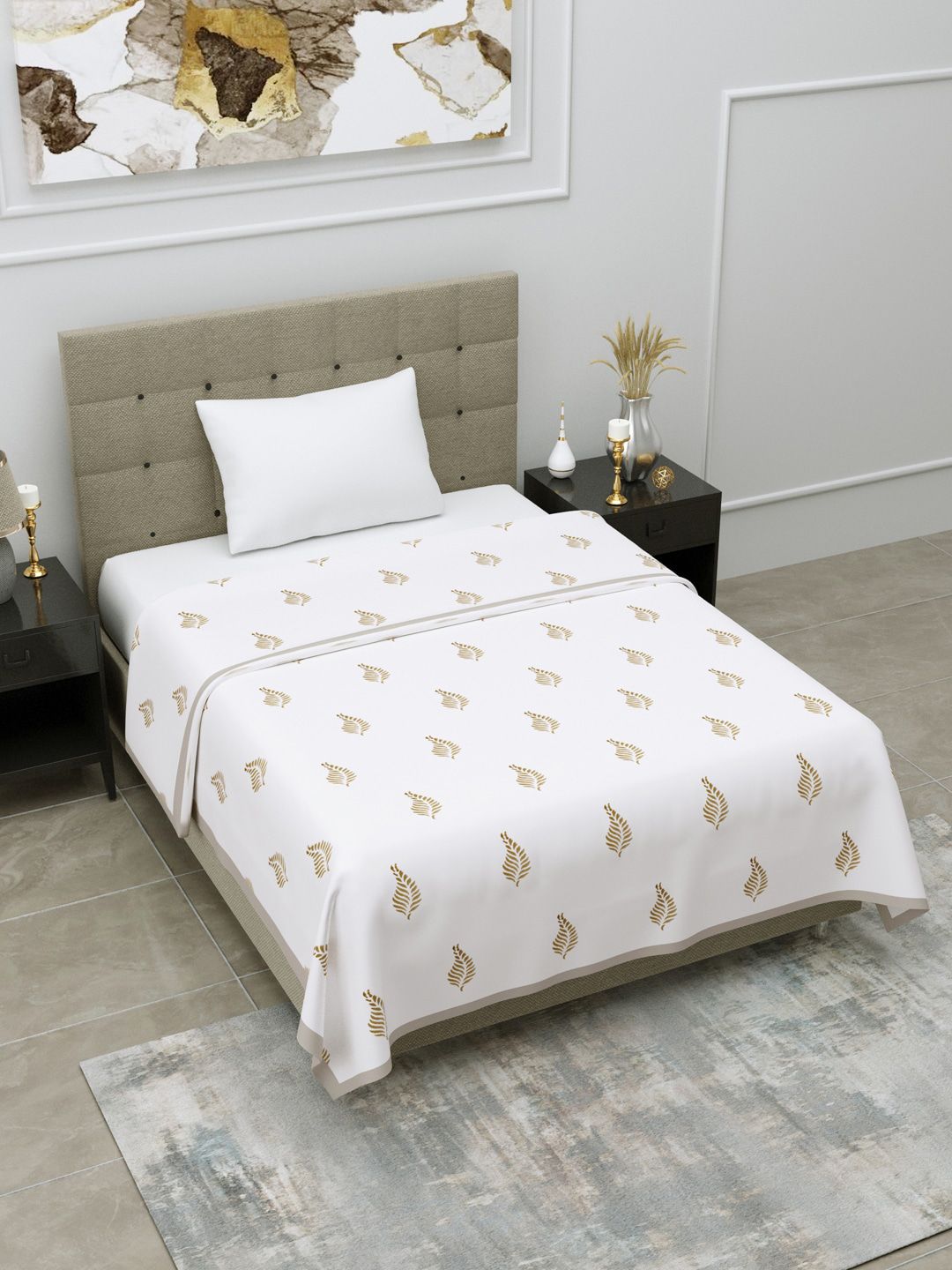 LINENWALAS Happy Sleeping White Floral Mild Winter 400GSM Cotton Double Bed Dohar Price in India