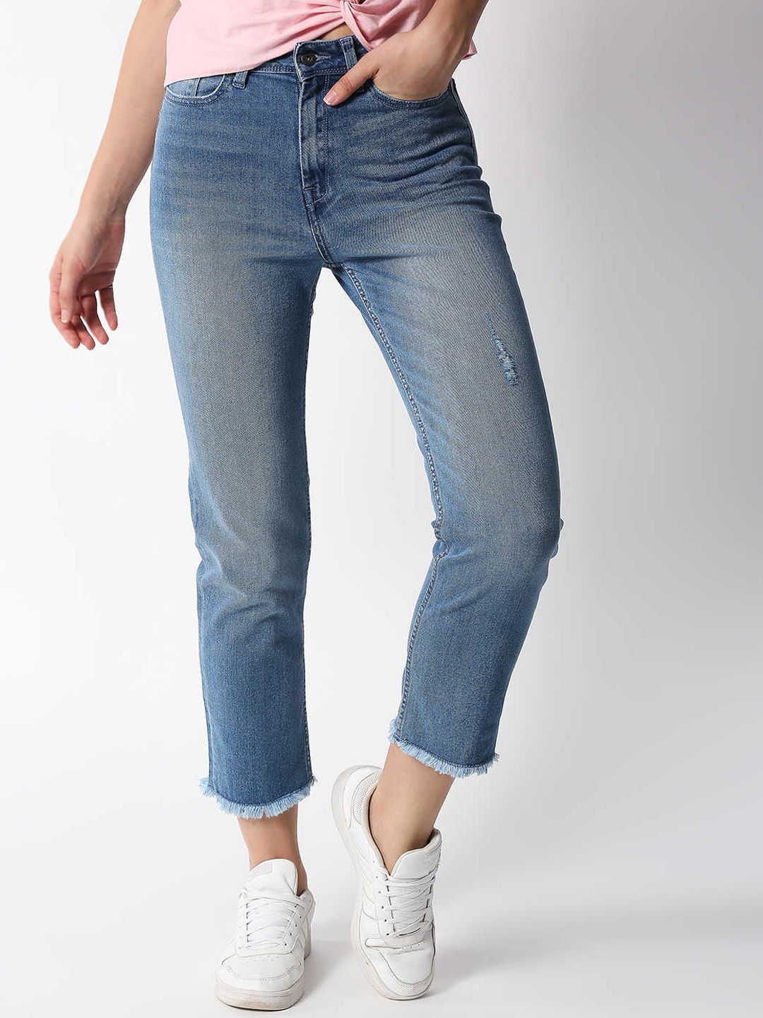 Pepe Jeans Women Blue Straight Fit High-Rise Low Distress Heavy Fade Jeans Price in India