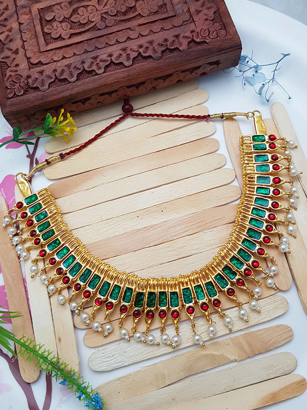 GRIIHAM Gold-Toned & Green Gold-Plated Necklace Price in India