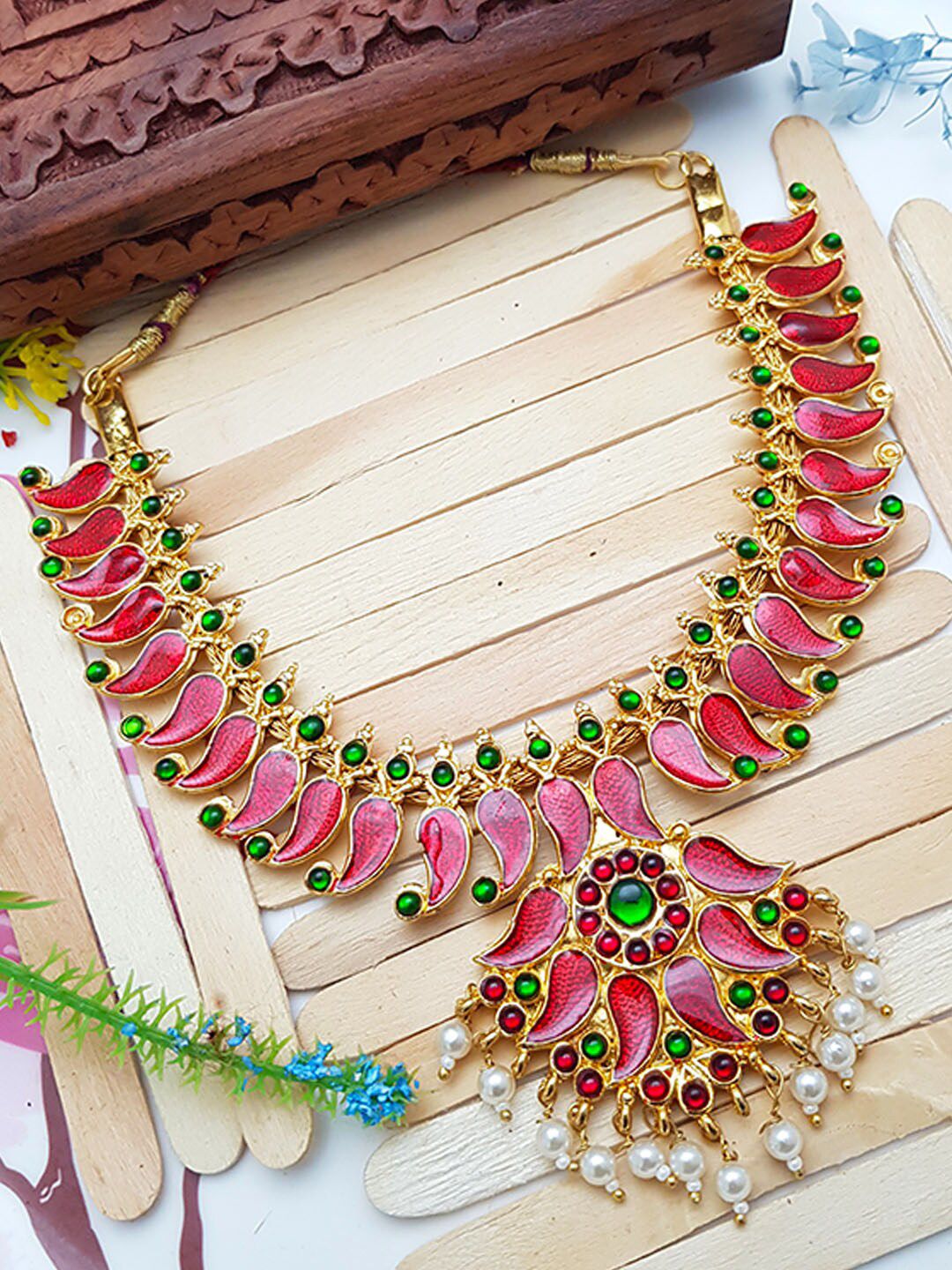GRIIHAM Pink & Gold-Plated Studded Nagapadam Necklace Price in India