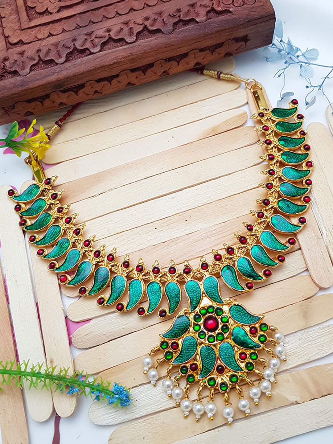 GRIIHAM Gold-Toned & Green Gold-Plated Necklace Price in India