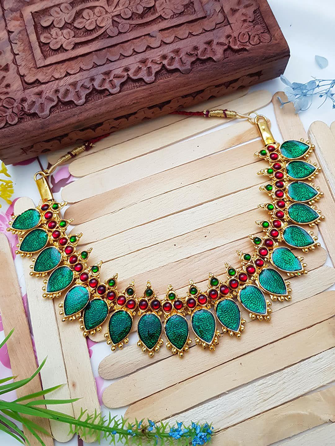 GRIIHAM Gold-Toned & Green Gold-Plated Necklace Price in India