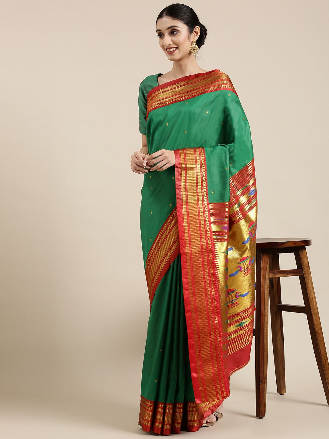 Varkala Silk Sarees Green & Red Ethnic Motifs Zari Art Silk Paithani Saree Price in India