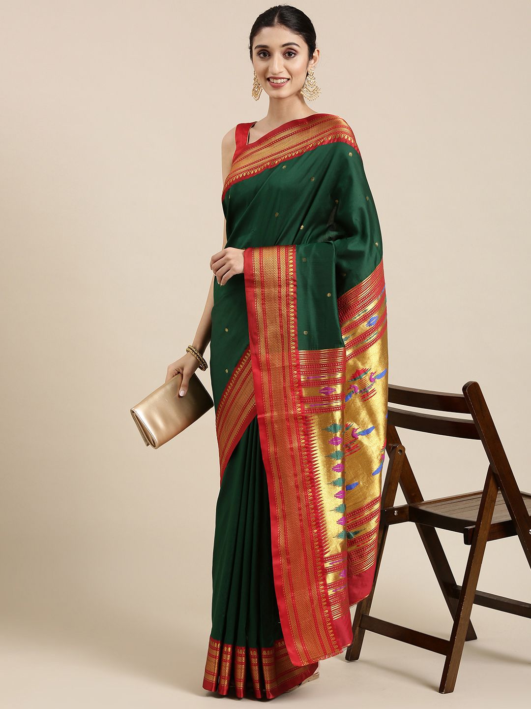Varkala Silk Sarees Green & Gold Ethnic Motifs Zari Art Silk Paithani Saree Price in India