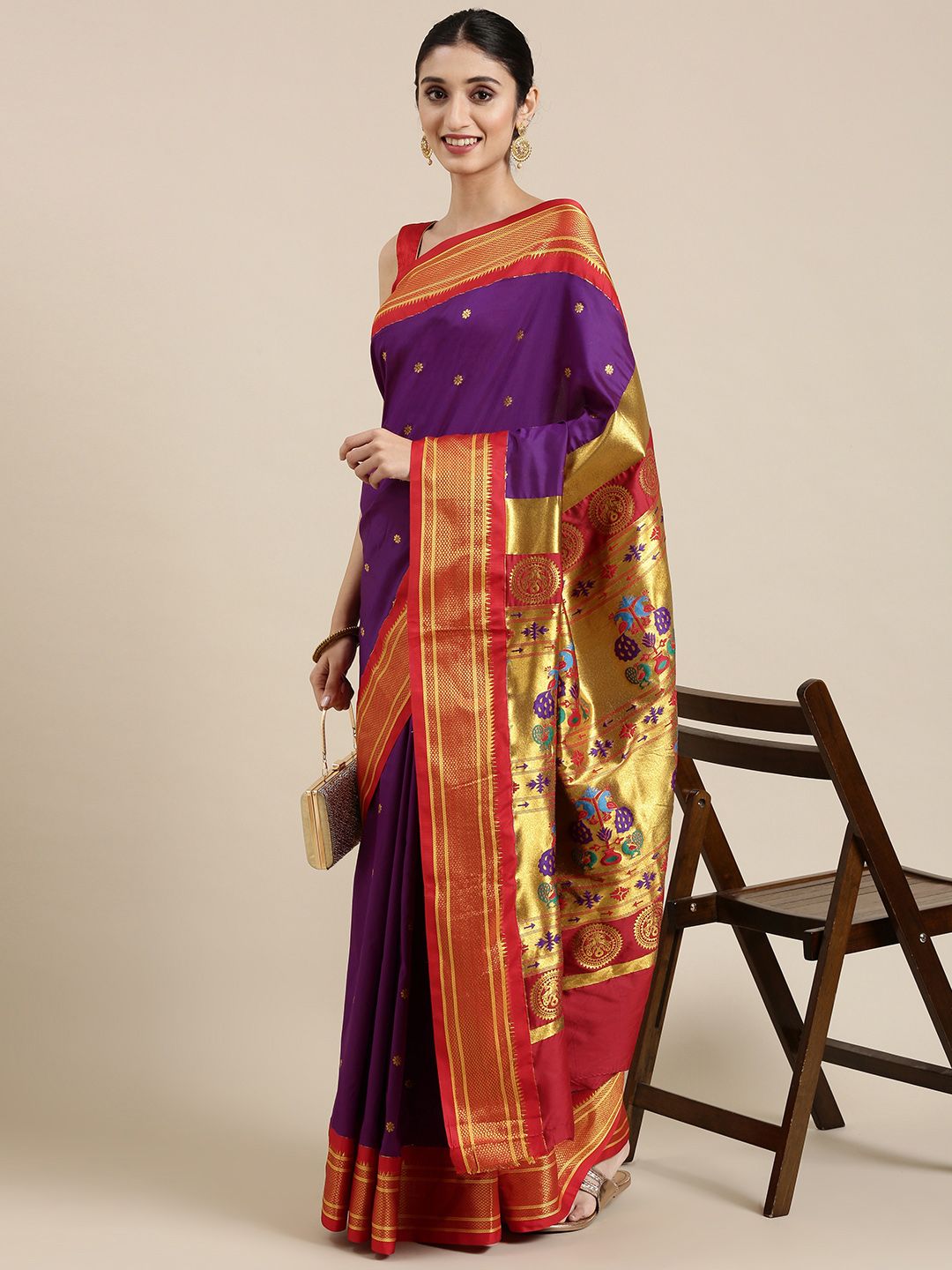 Varkala Silk Sarees Aubergine & Red Ethnic Motifs Zari Art Silk Paithani Saree Price in India
