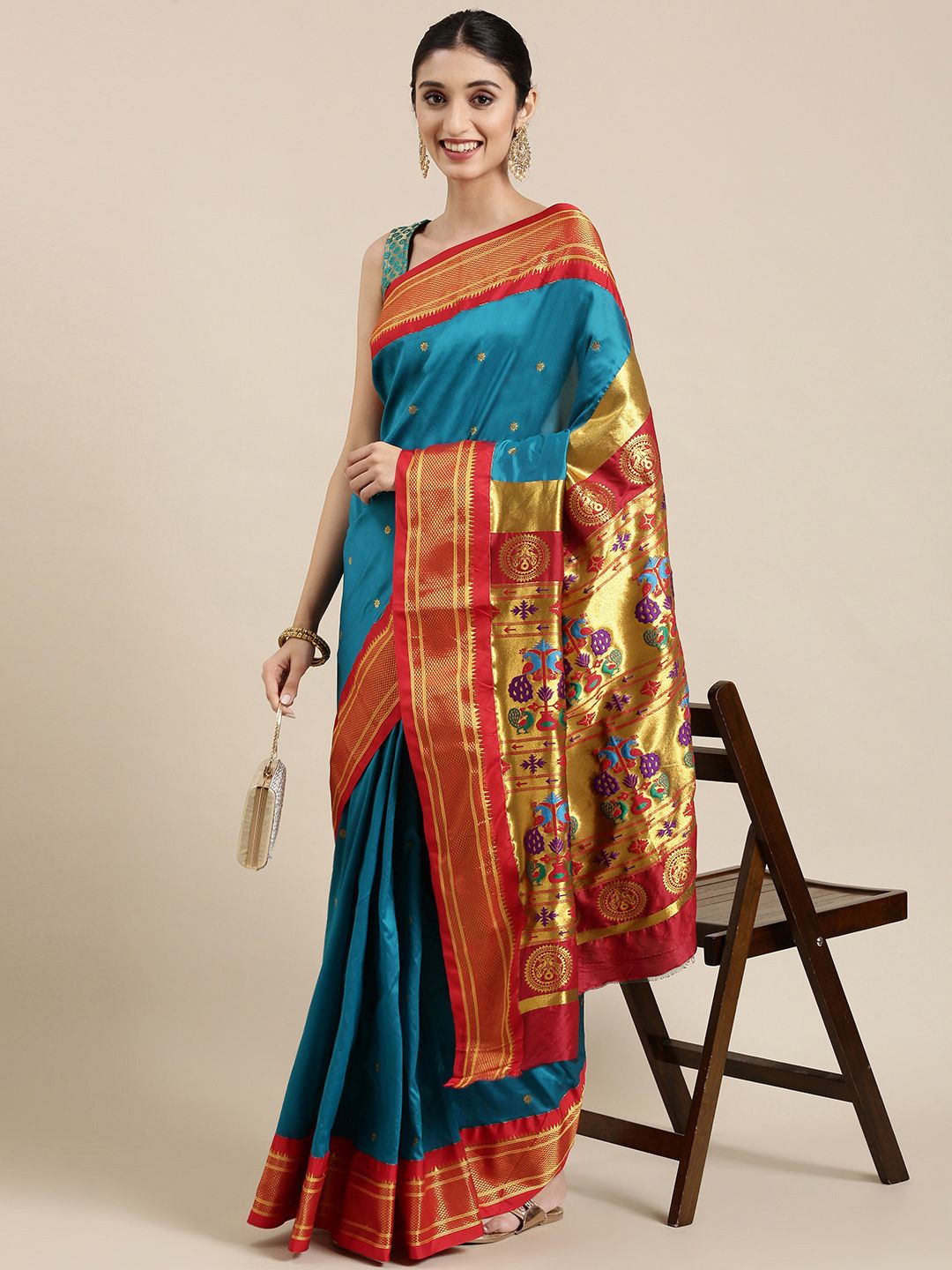 Varkala Silk Sarees Blue & Red Ethnic Motifs Zari Art Silk Paithani Saree Price in India