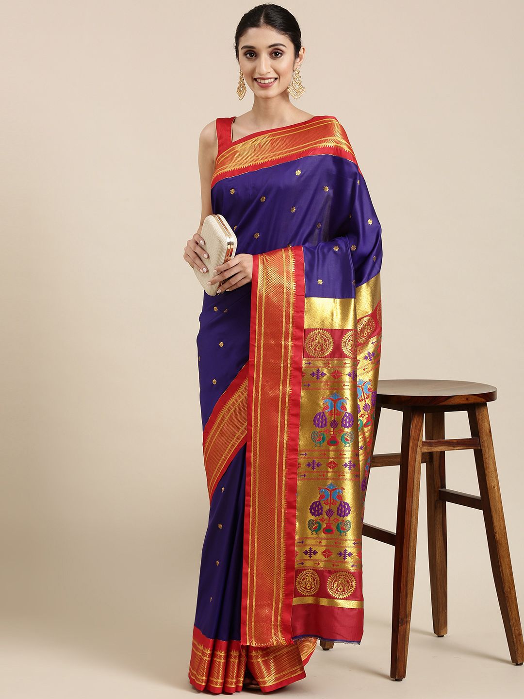 Varkala Silk Sarees Navy Blue & Gold Ethnic Motifs Zari Art Silk Paithani Saree Price in India