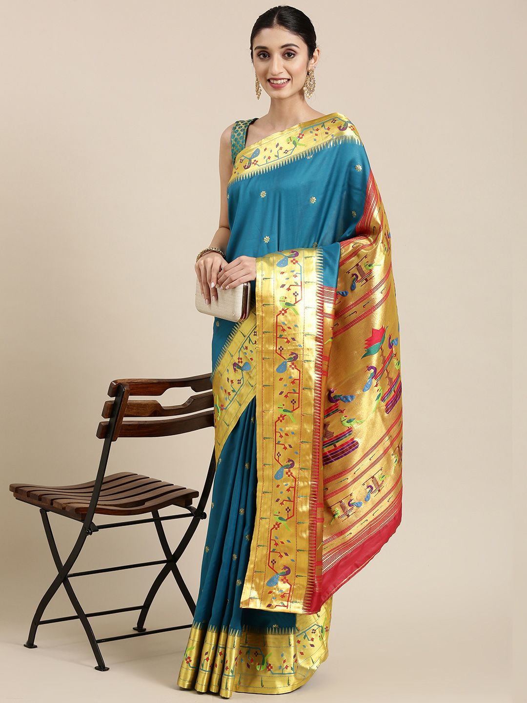 Varkala Silk Sarees Blue & Red Ethnic Motifs Zari Art Silk Paithani Saree Price in India