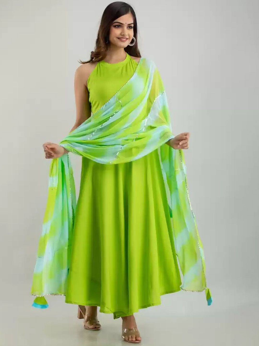 Meeranshi Women Fluorescent Green Embroidered Panelled Kurti with Trousers & With Dupatta Price in India