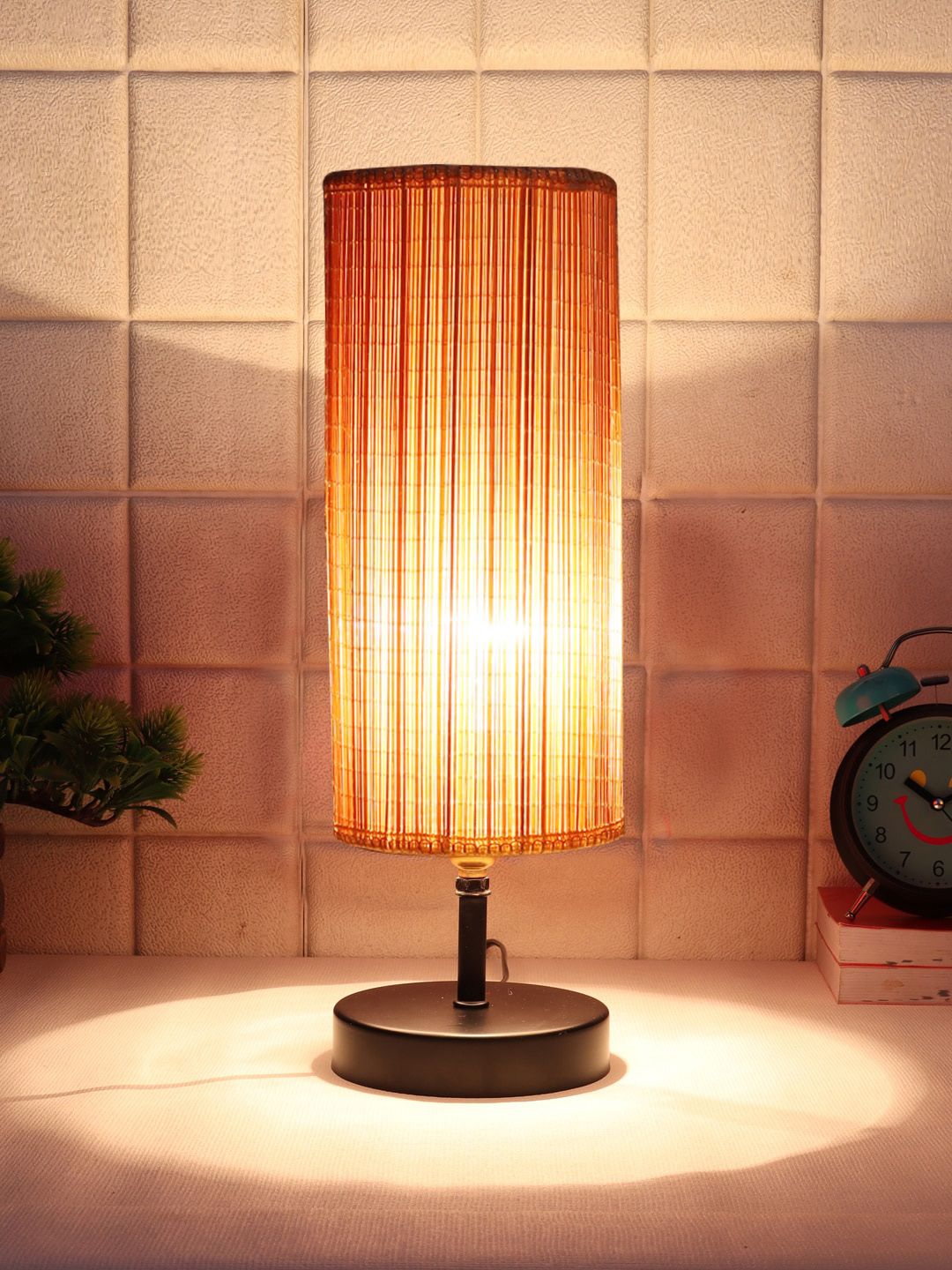 Devansh Beige Colored & Black Solid Table lamp with Bamboo Shade Price in India