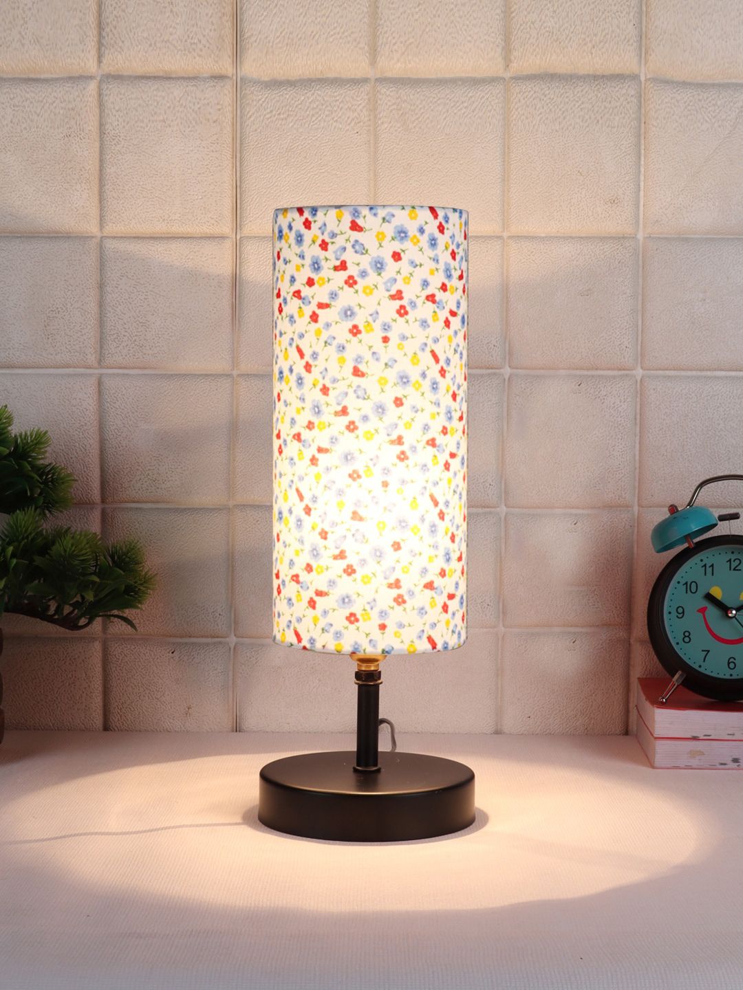 Devansh White & Blue  Iron Table Lamp With Cotton Shade Price in India