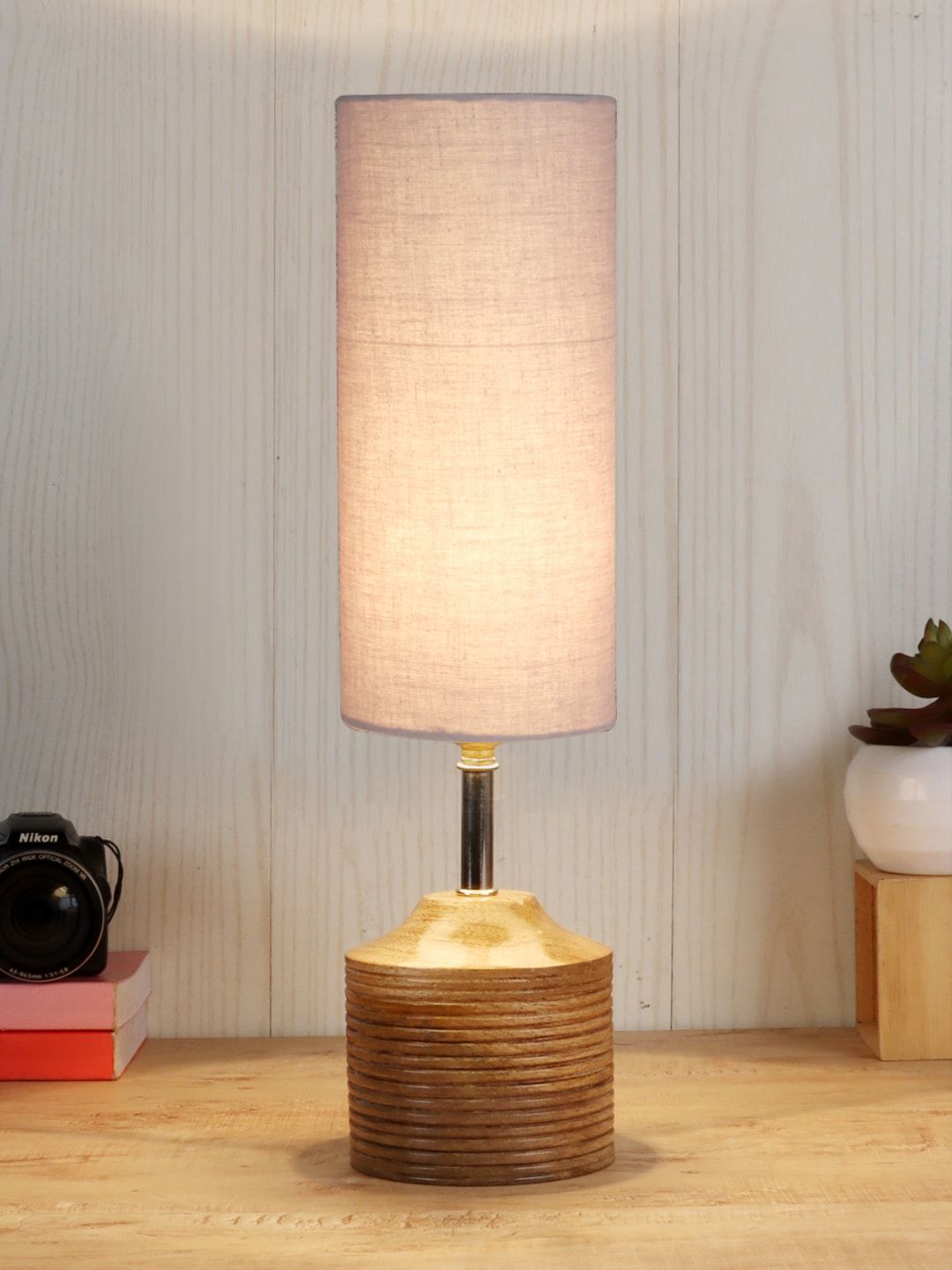 Devansh Grey & Brown Wood Table Lamp With Cotton Shade Price in India