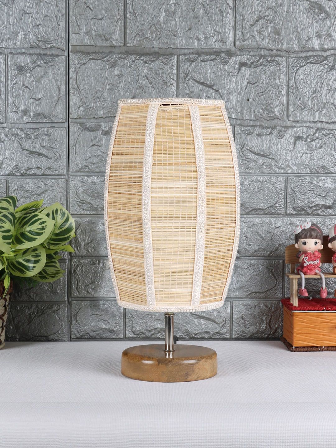 Devansh Beige Textured Wooden Table Lamps With Bamboo Shade Price in India