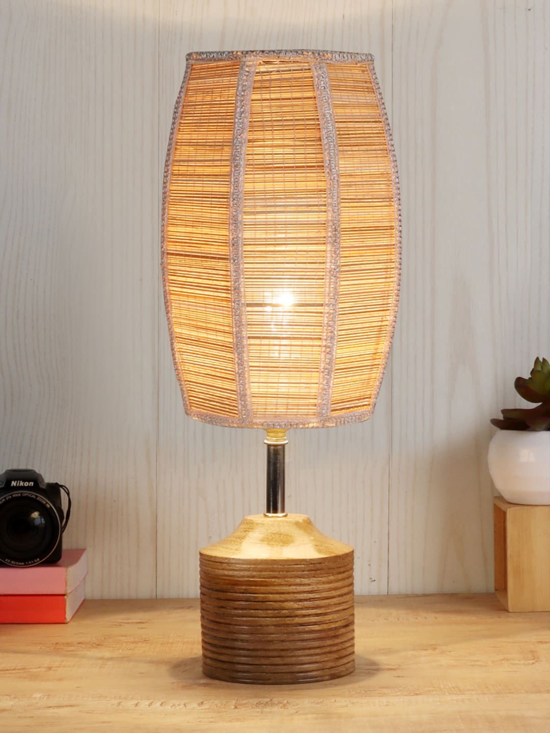 Devansh Beige Colored Solid Wood Table lamp with Bamboo Shade Price in India