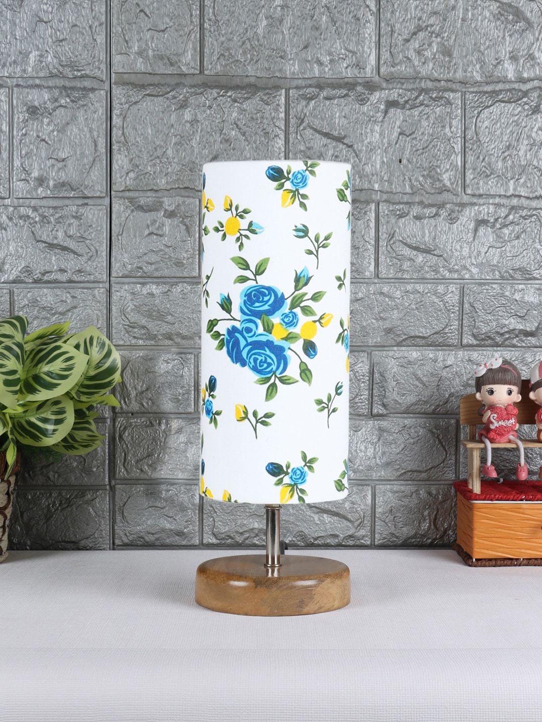 Devansh White & Blue Wood Table Lamp With Cotton Shade Price in India