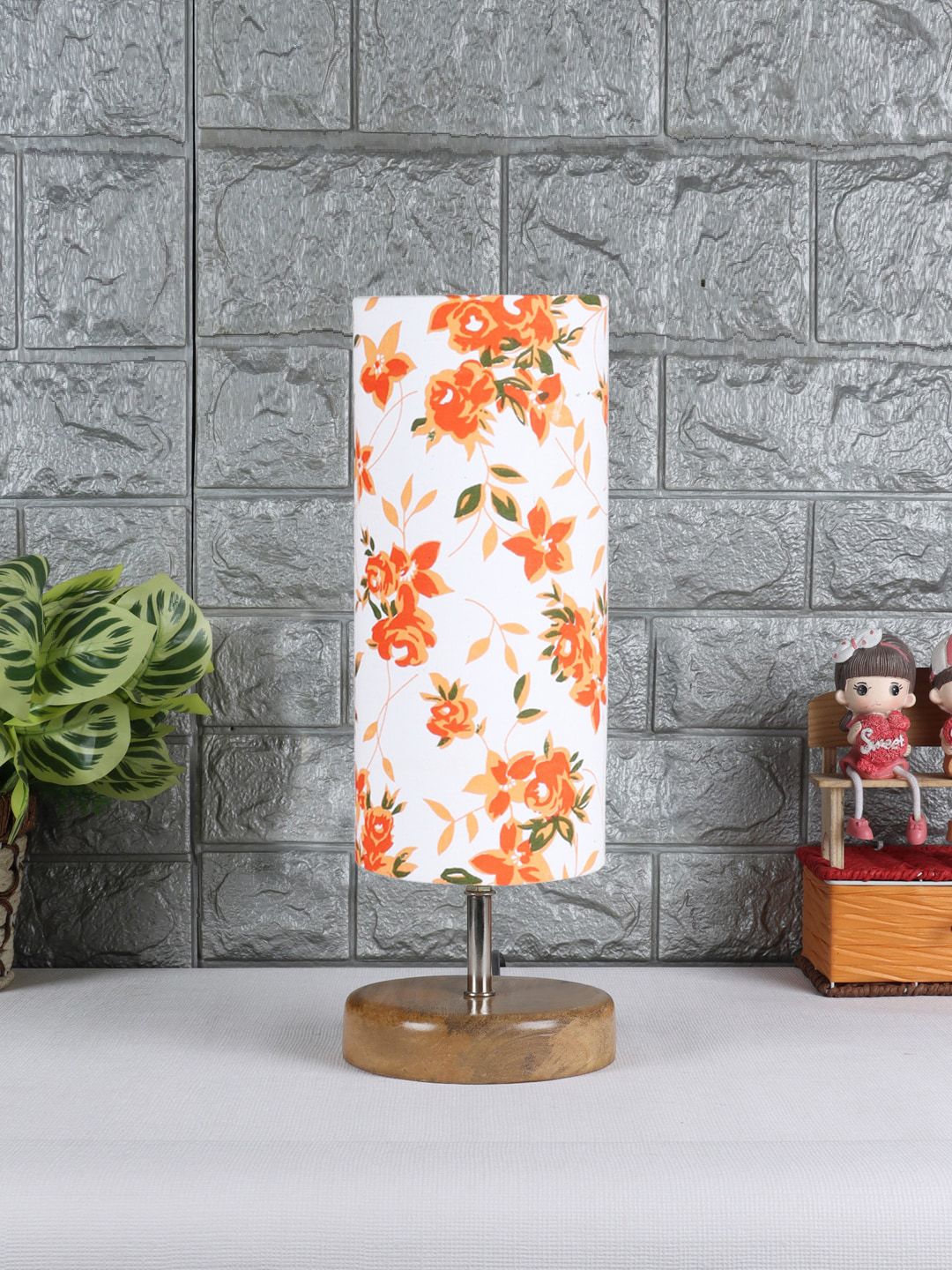 Devansh White & Orange Colored Wood Table Lamp With Cotton Shade Price in India