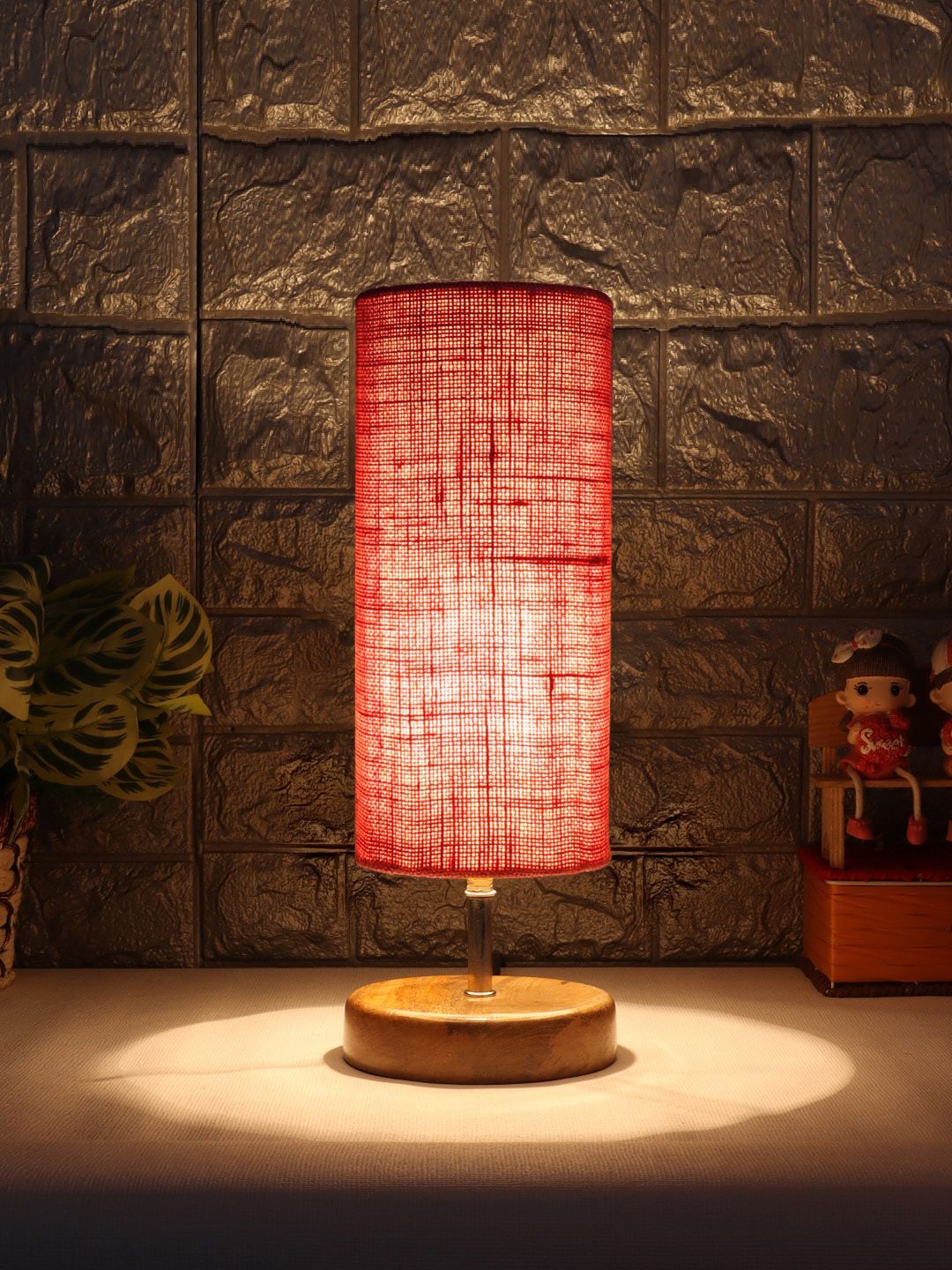 Devansh Pink & Brown Wood Table Lamp With Jute Shade Price in India