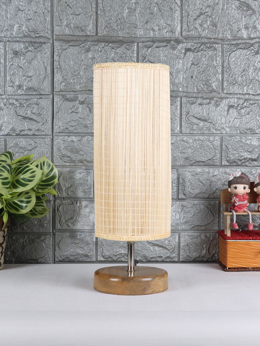 Devansh Beige & Brown Wood Table Lamp With Bamboo Shade Price in India