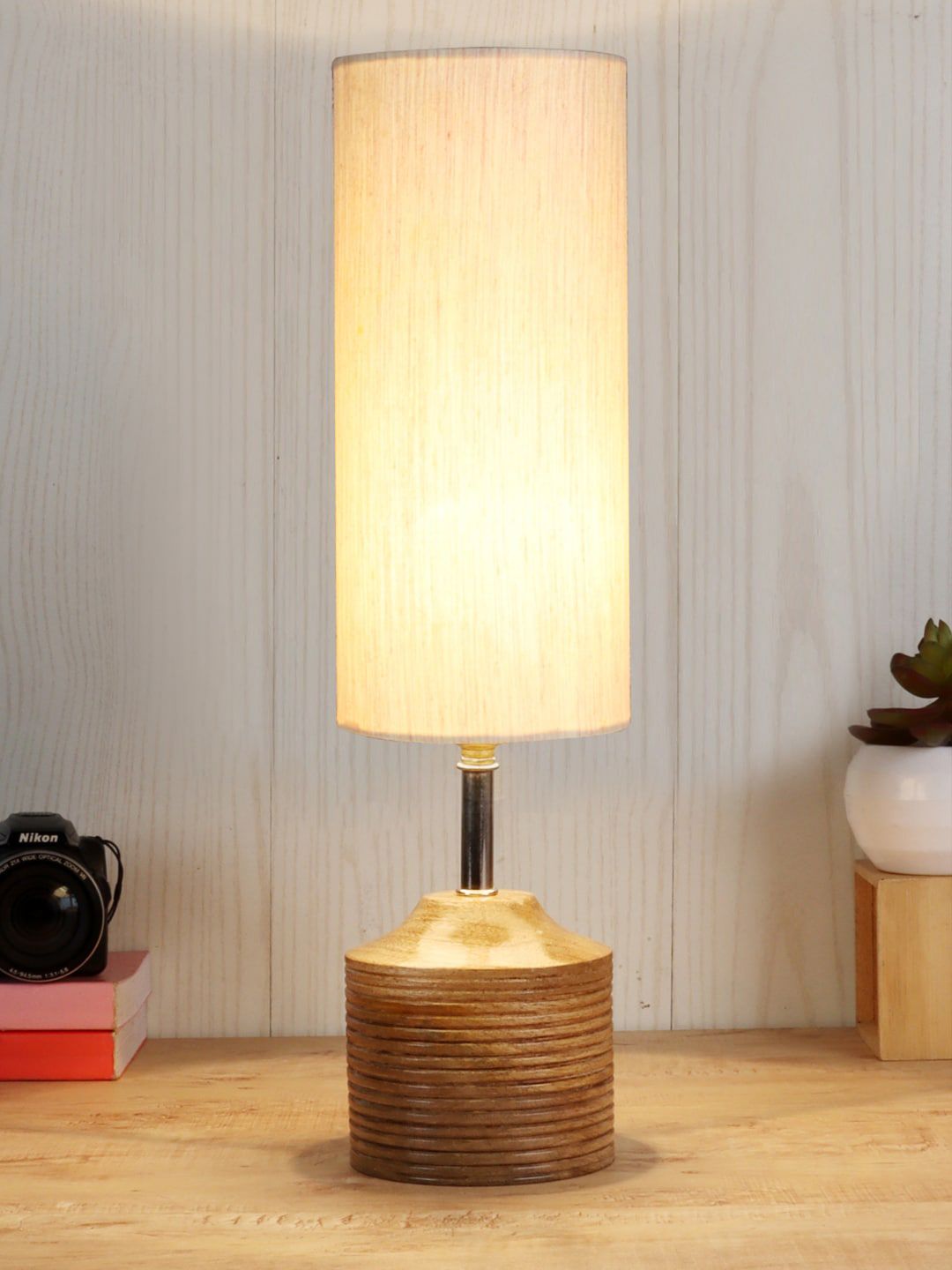 Devansh Off White & Brown Wood Table Lamp With Cotton Shade Price in India