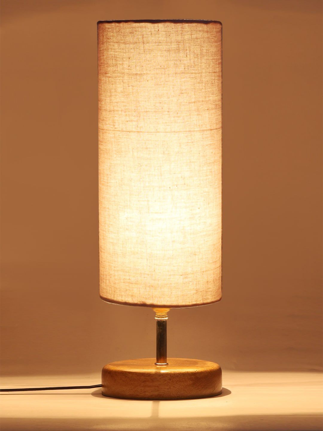 Devansh Grey & Beige Colored Solid Wood Table lamp with cotton Shade Price in India