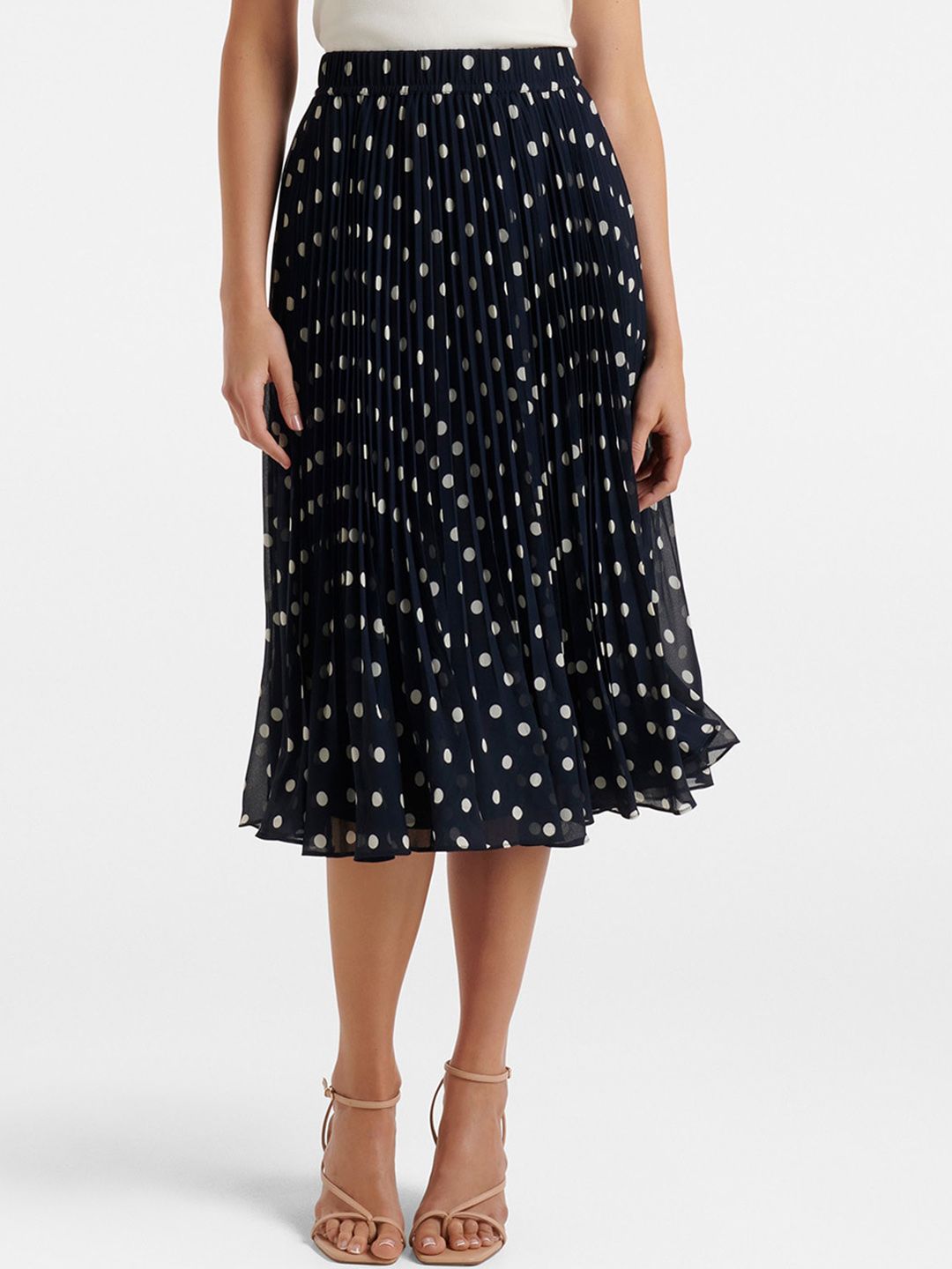Forever New Women Midnight Blue Polka Printed Pleated Midi Skirt Price in India