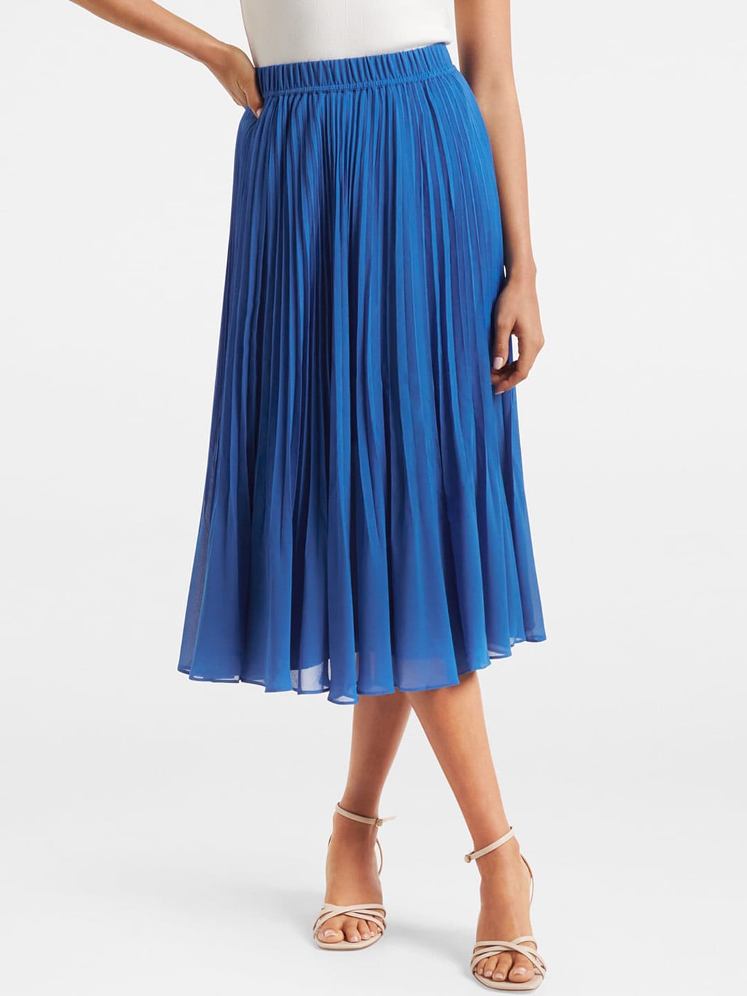 Forever New Women Intense Azure Blue Solid Pleated Midi Flared Skirt Price in India