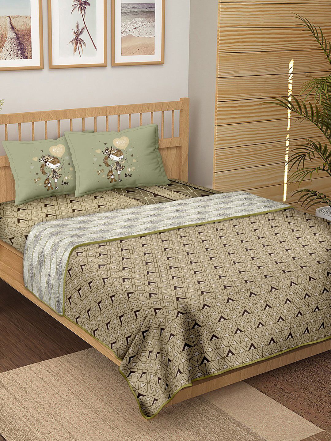 BELLA CASA Green Printed 180 TC Pure Cotton Double King Bedding Set With 2 Pillow Covers & Reversible Dohar Price in India