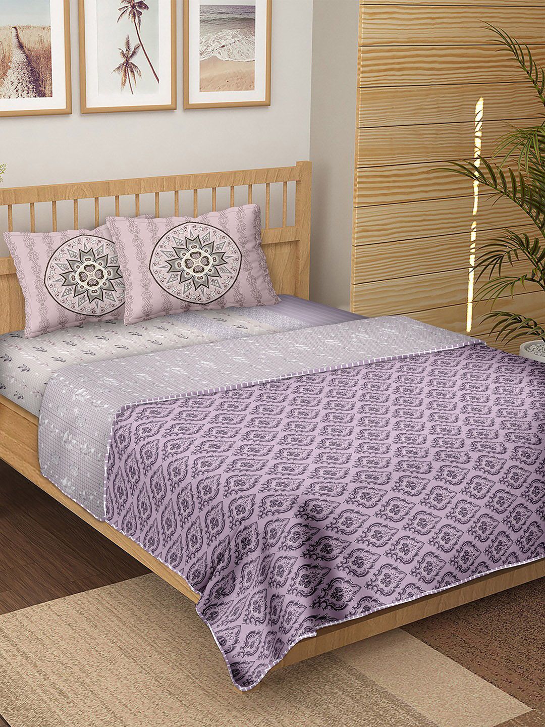 BELLA CASA Purple Printed Cotton Double King 4-Piece Bedding Set Price in India