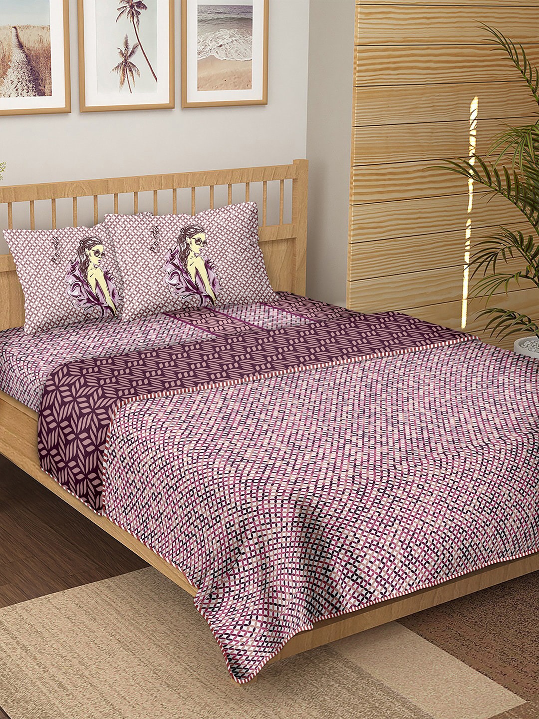 BELLA CASA Purple Printed 180 TC Cotton Bedding Set Price in India