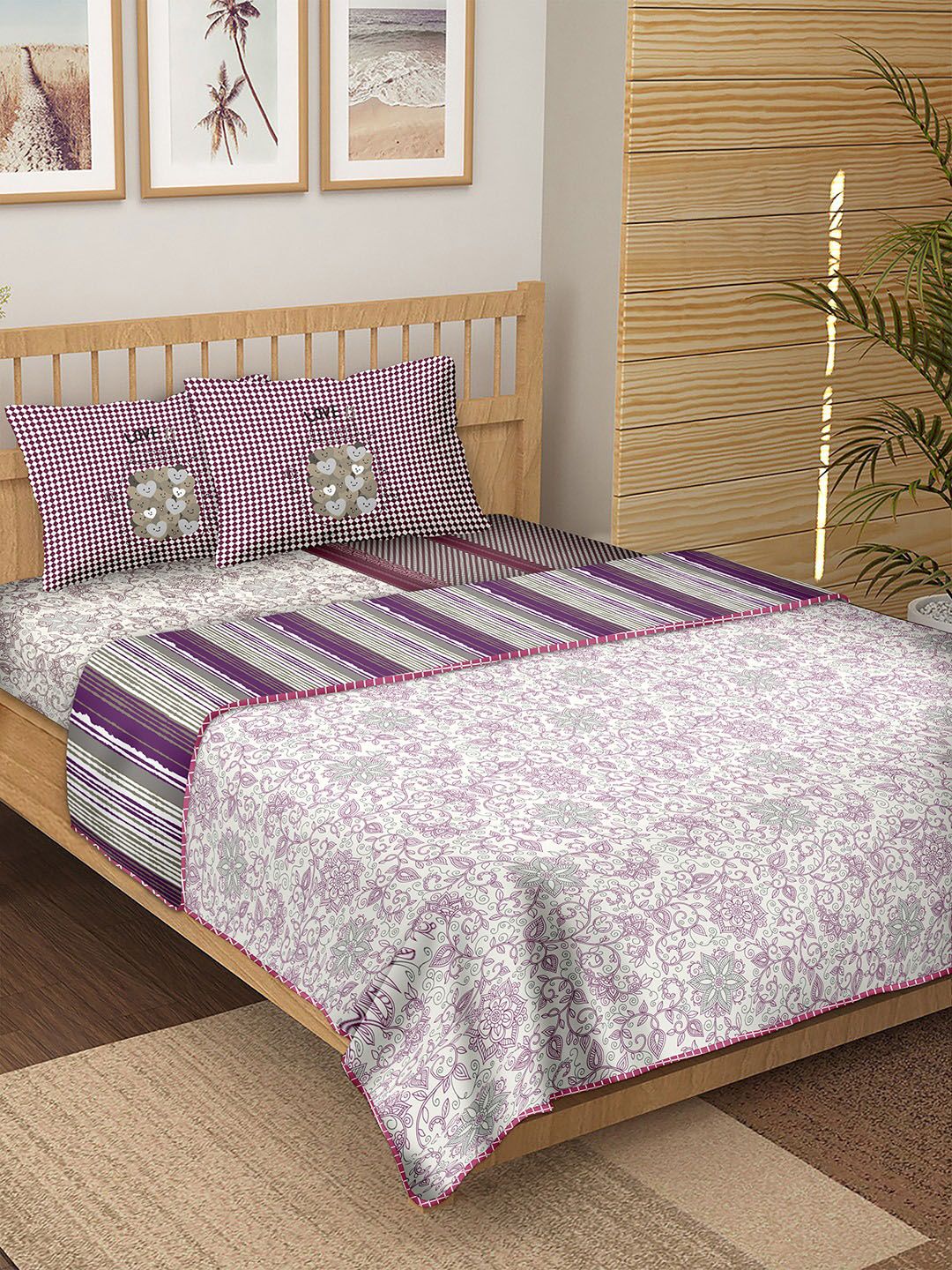 BELLA CASA Purple Printed Cotton 180TC Double King Bedding Set Price in India