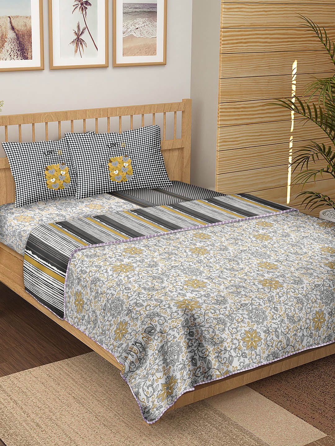 BELLA CASA Grey & Yellow Printed Cotton 180 TC Double King Bedding Set Price in India