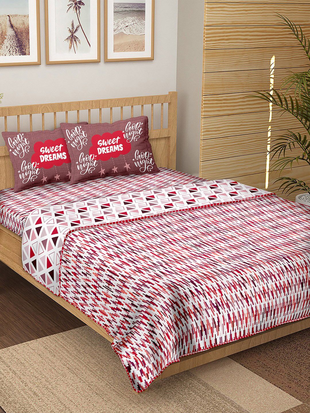 BELLA CASA White & Red Printed Cotton 180 TC Double King Bedding Set Price in India