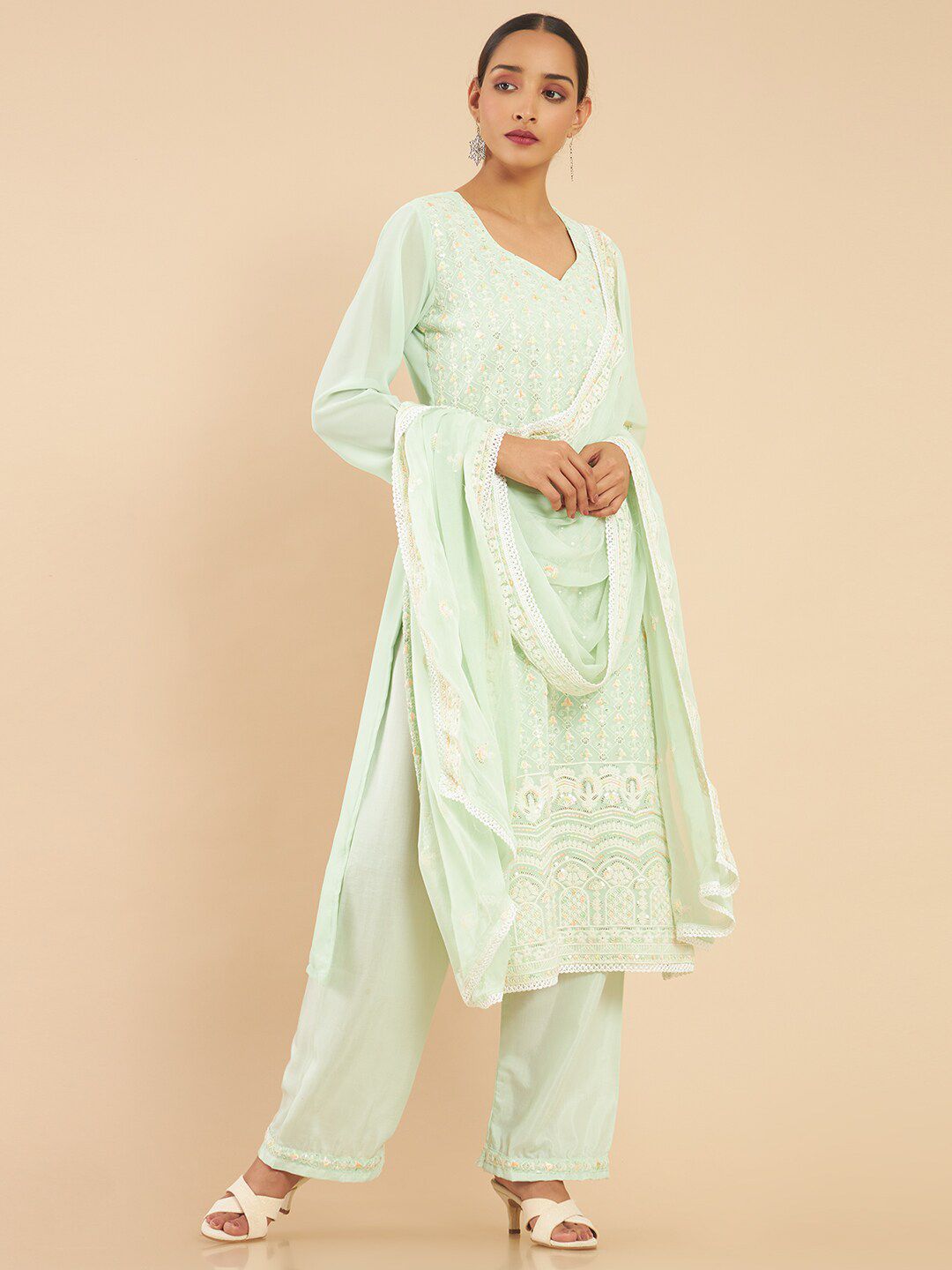 Soch Green & Gold-Toned Embroidered Unstitched Dress Material Price in India