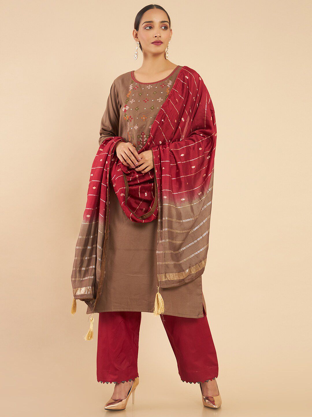 Soch Brown & Grey Embroidered Pure Cotton Unstitched Dress Material Price in India