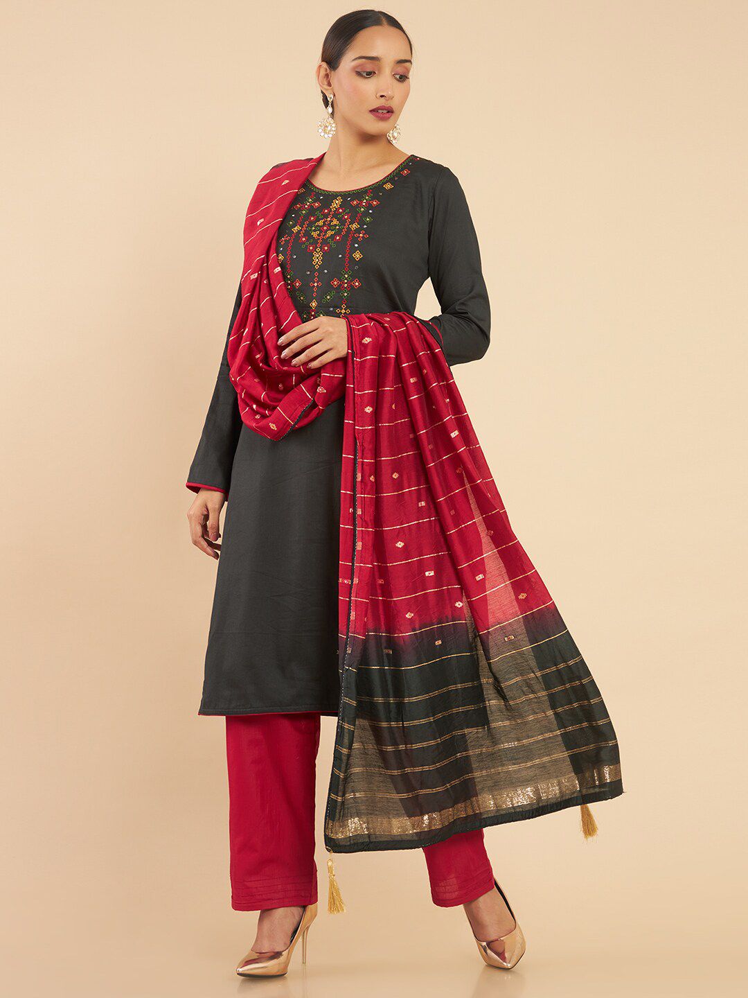 Soch Black & Red Embroidered Pure Cotton Unstitched Dress Material Price in India