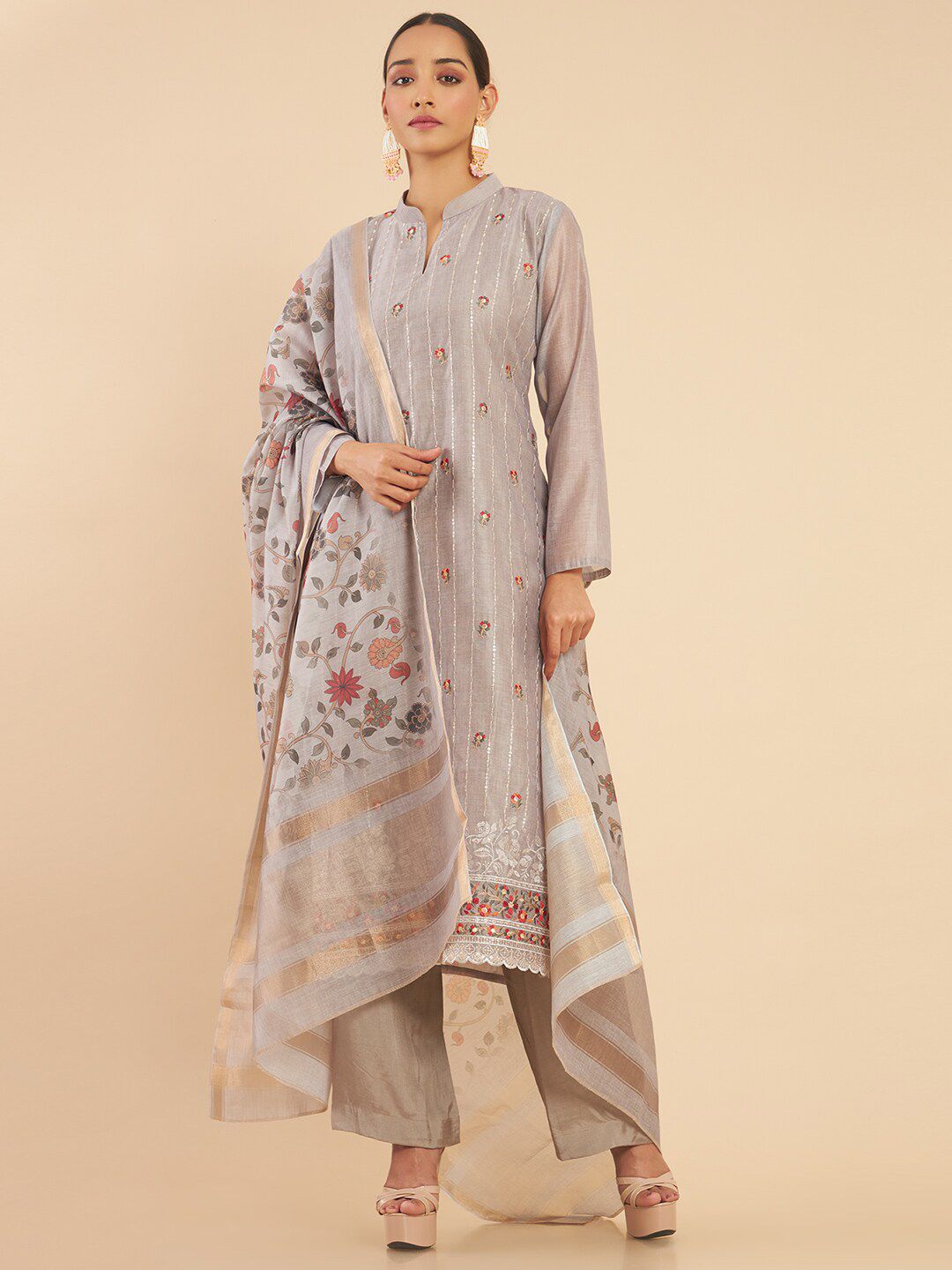 Soch Grey & Gold-Toned Embroidered Unstitched Dress Material Price in India