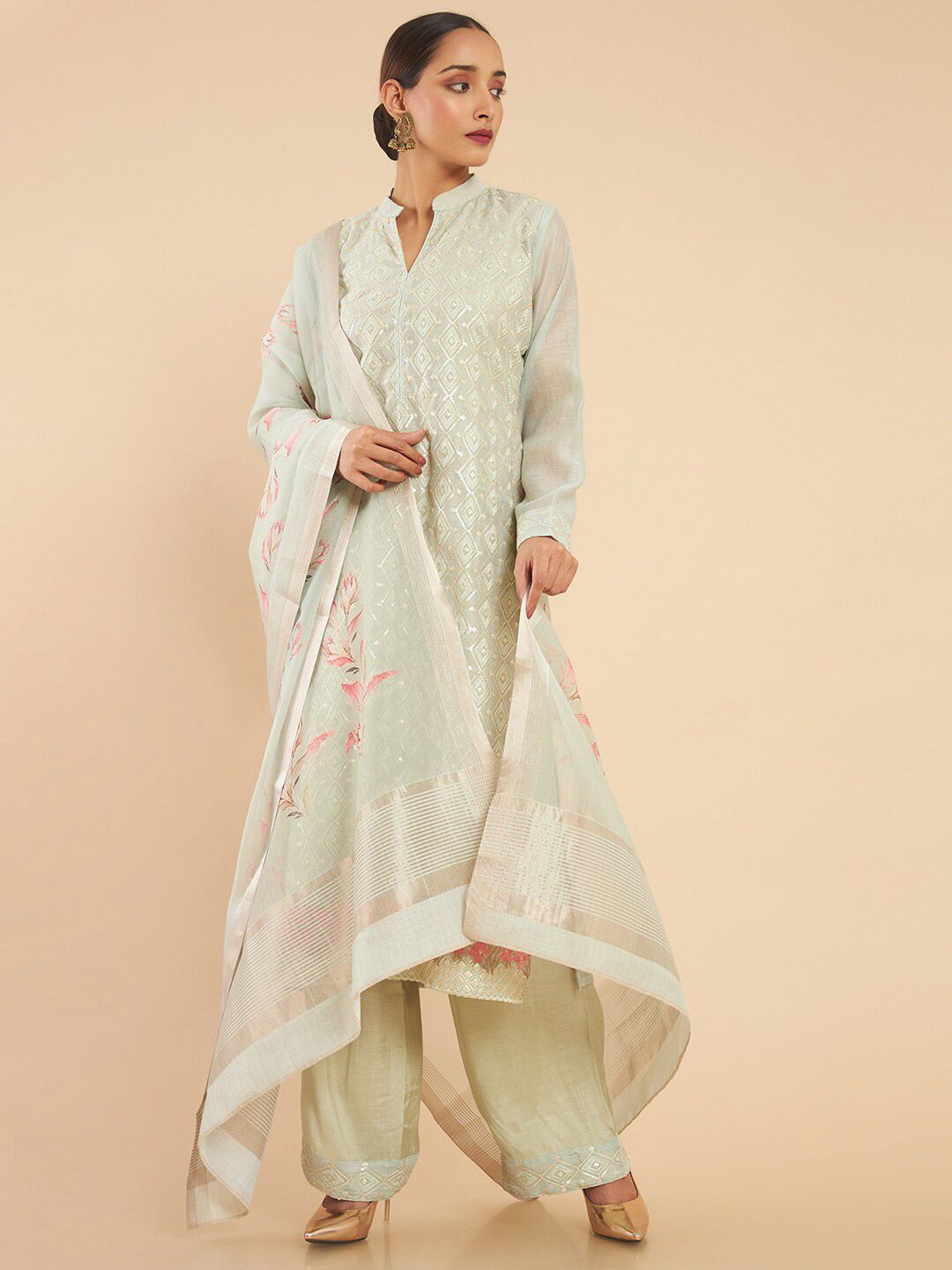 Soch Green & White Embroidered Unstitched Dress Material Price in India