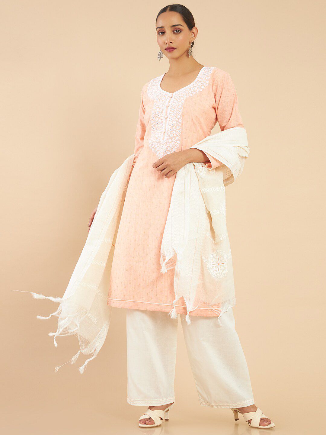 Soch Peach-Coloured & White Embroidered Pure Cotton Unstitched Dress Material Price in India