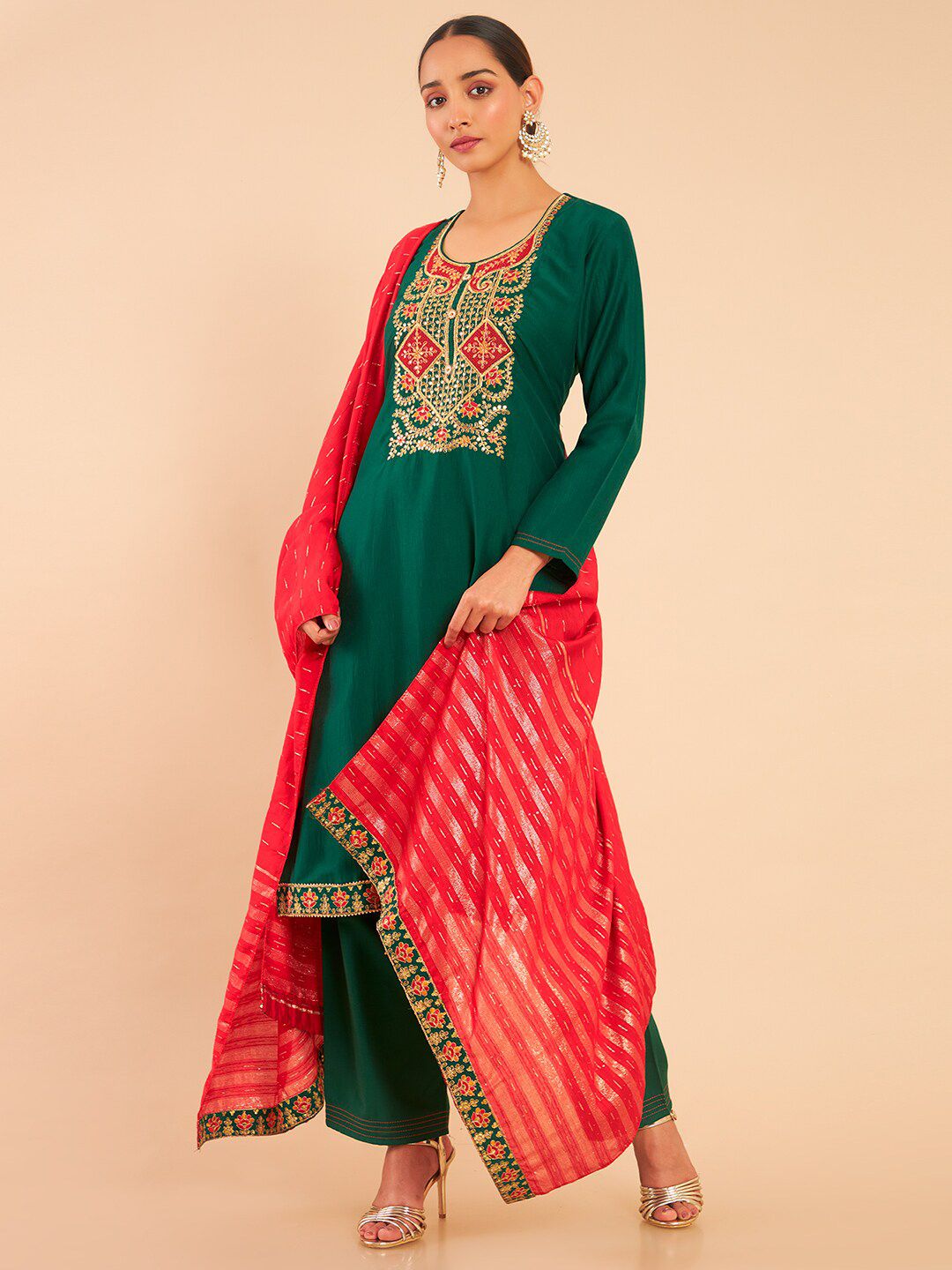 Soch Green & Red Embroidered Art Silk Unstitched Dress Material Price in India