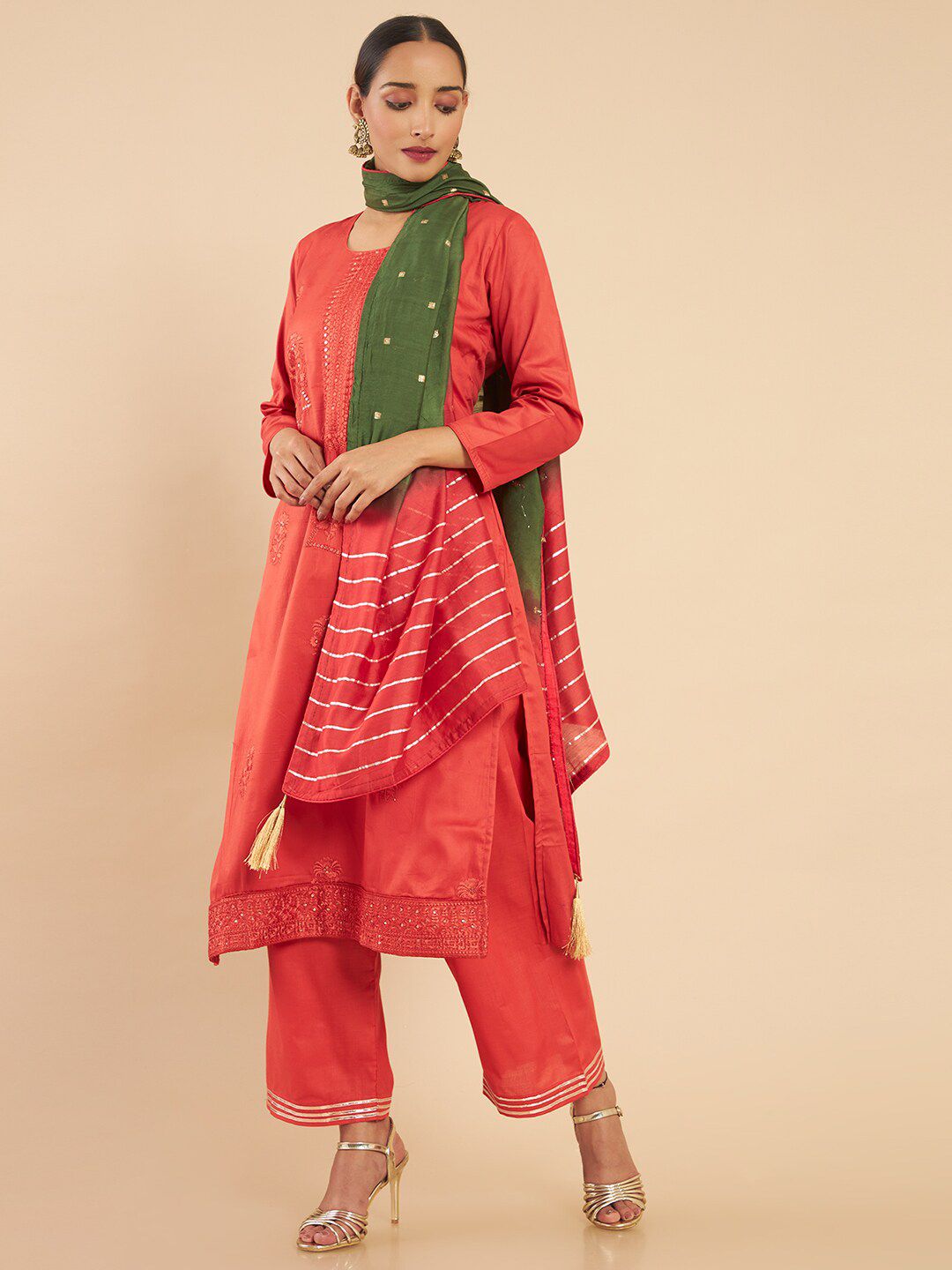 Soch Rust & Green Embroidered Pure Cotton Unstitched Dress Material Price in India