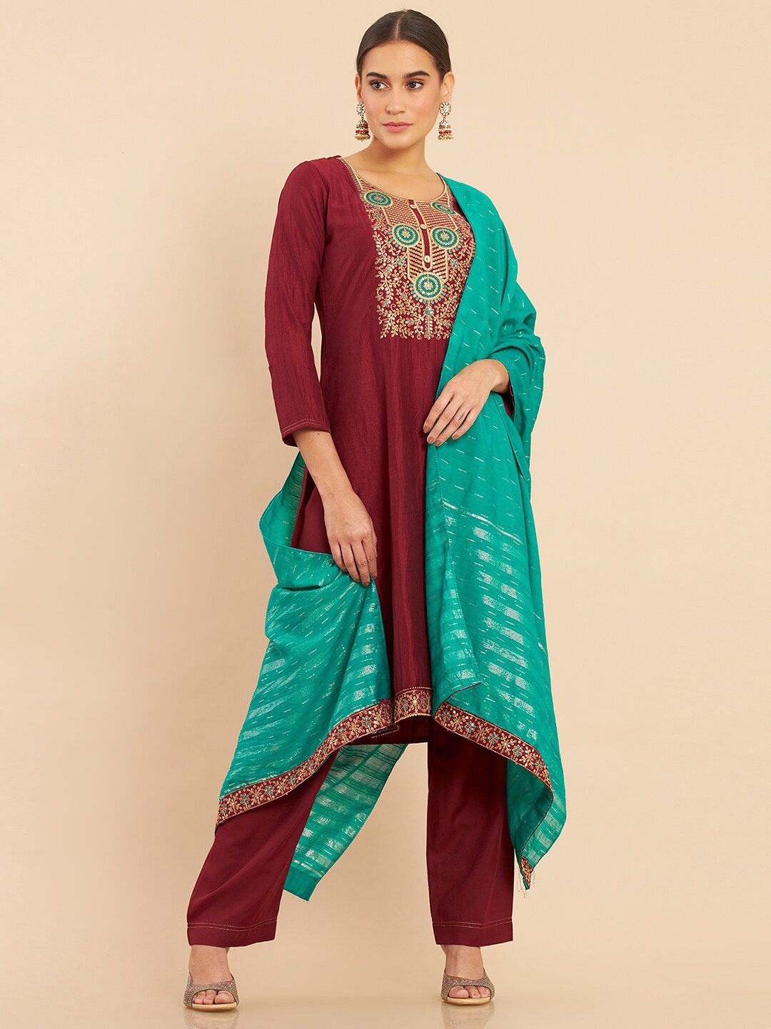 Soch Maroon & Blue Embroidered Art Silk Unstitched Dress Material Price in India
