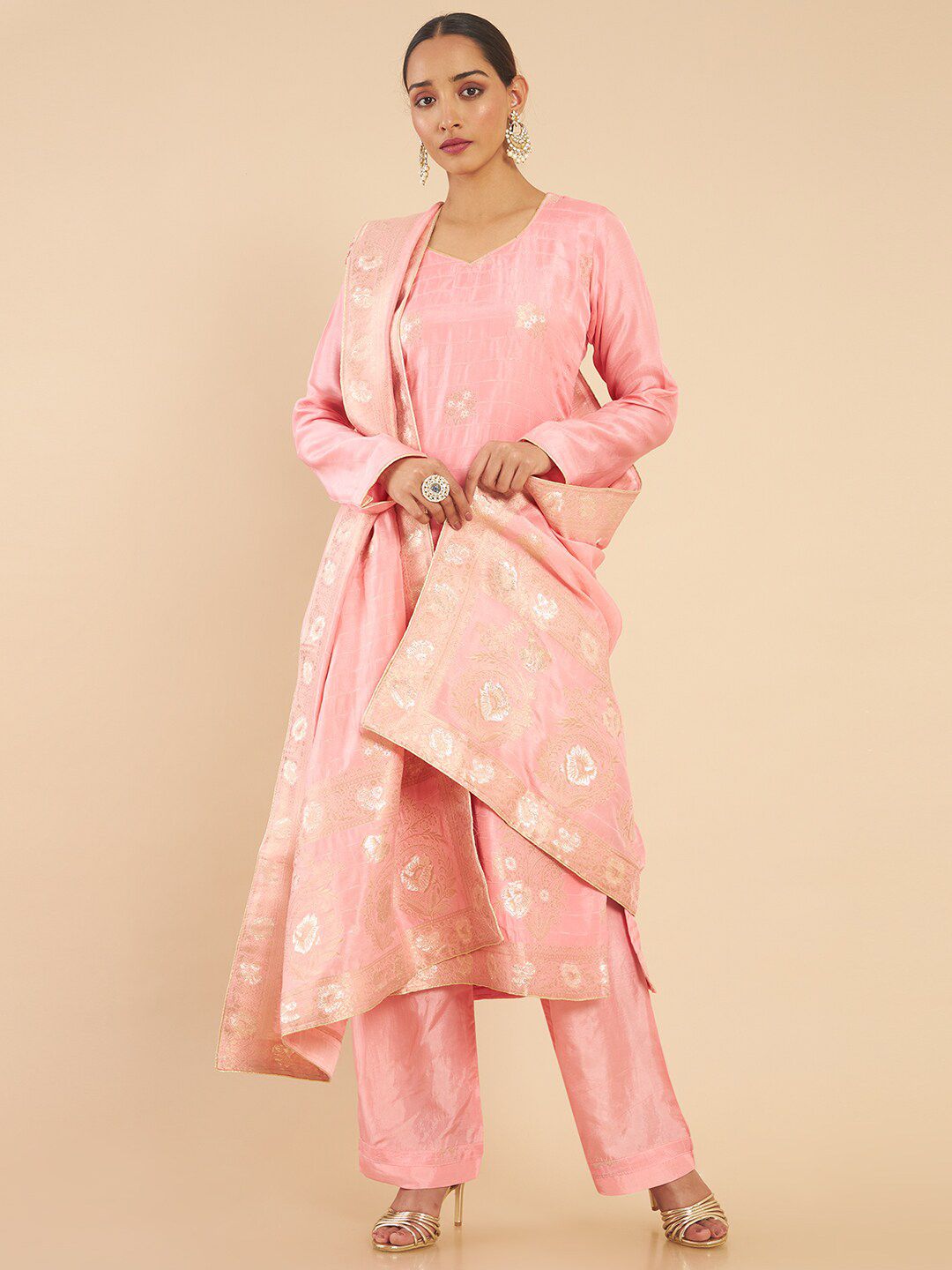 Soch Pink & Gold-Toned Pure Silk Unstitched Dress Material Price in India