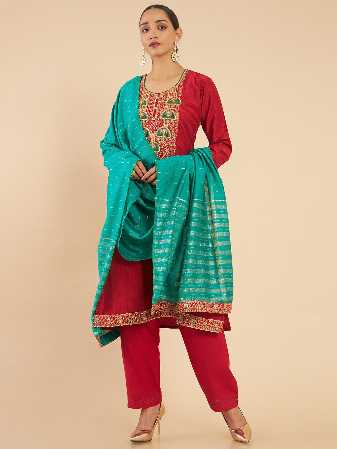 Soch Orange & Green Embroidered Art Silk Unstitched Dress Material Price in India