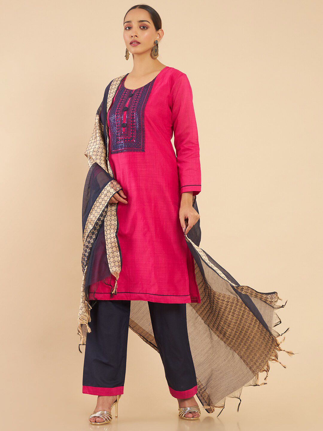 Soch Magenta & Cream-Coloured Embroidered Art Silk Unstitched Dress Material Price in India