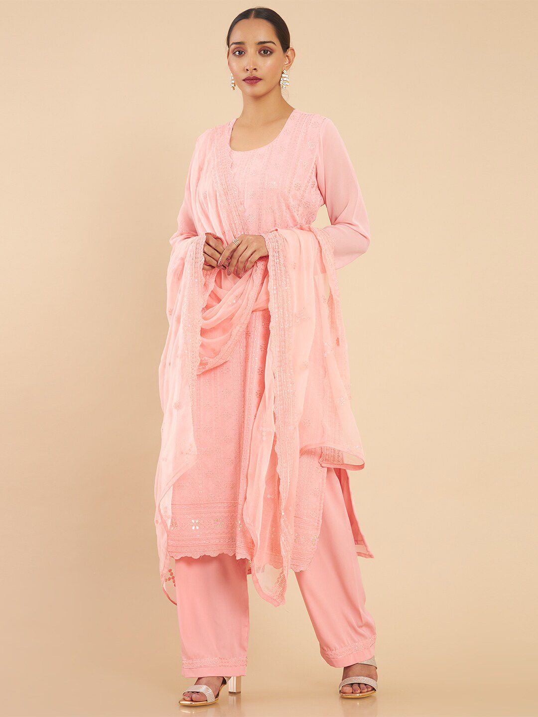 Soch Pink Embroidered Unstitched Dress Material Price in India