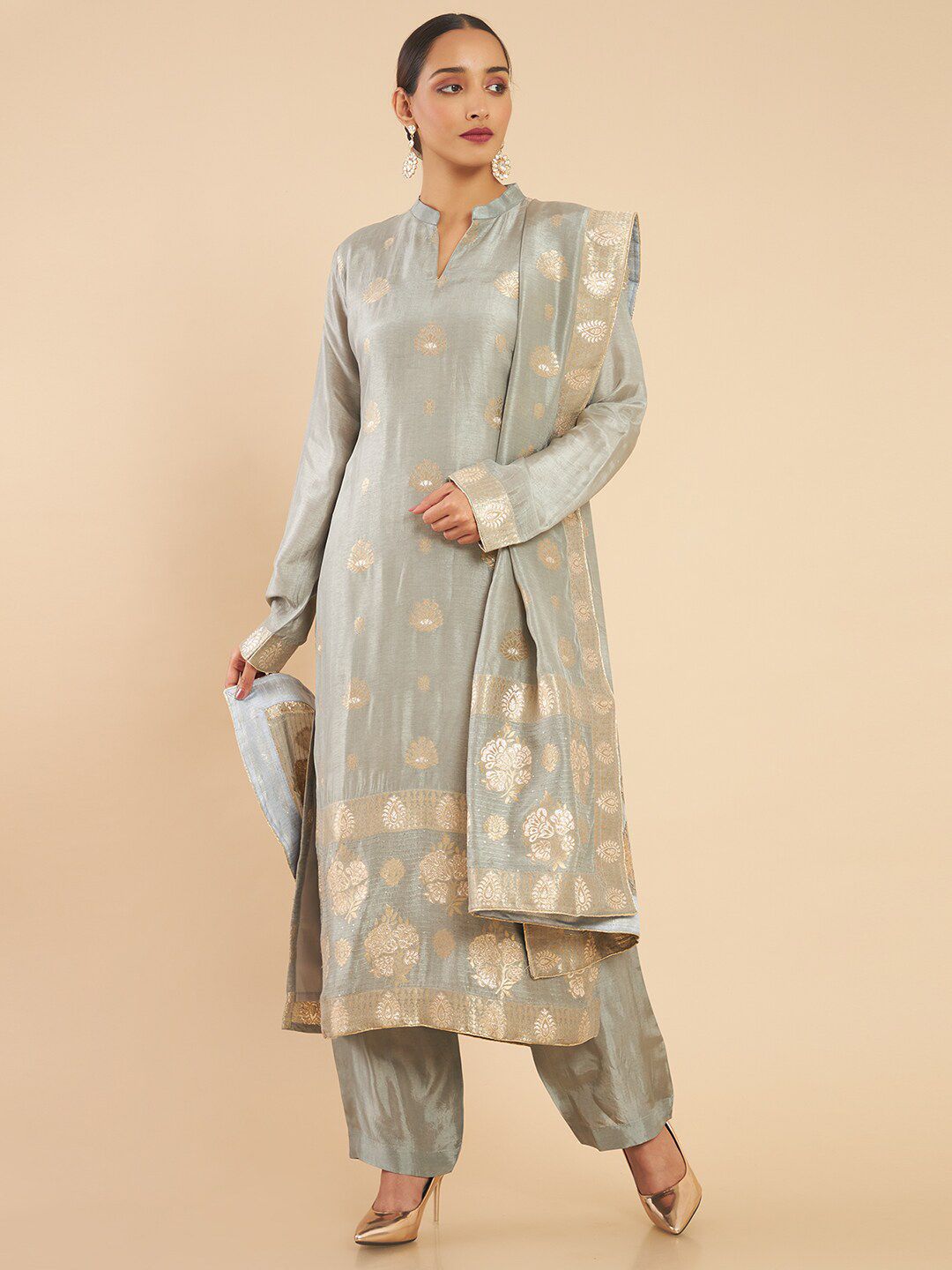 Soch Grey & Gold-Toned Pure Silk Unstitched Dress Material Price in India