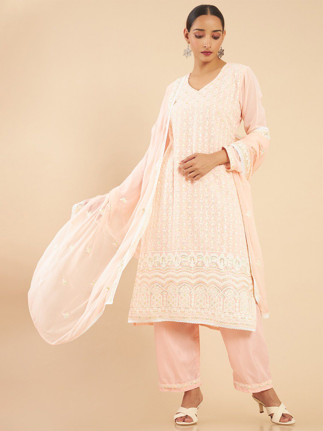 Soch Coral & White Embroidered Unstitched Dress Material Price in India