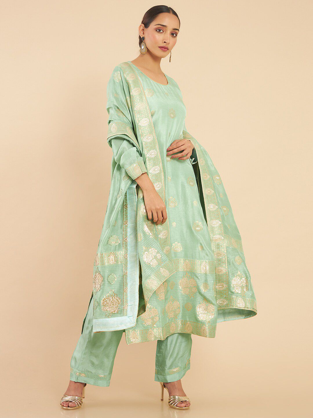 Soch Green & Gold-Toned Pure Silk Unstitched Dress Material Price in India