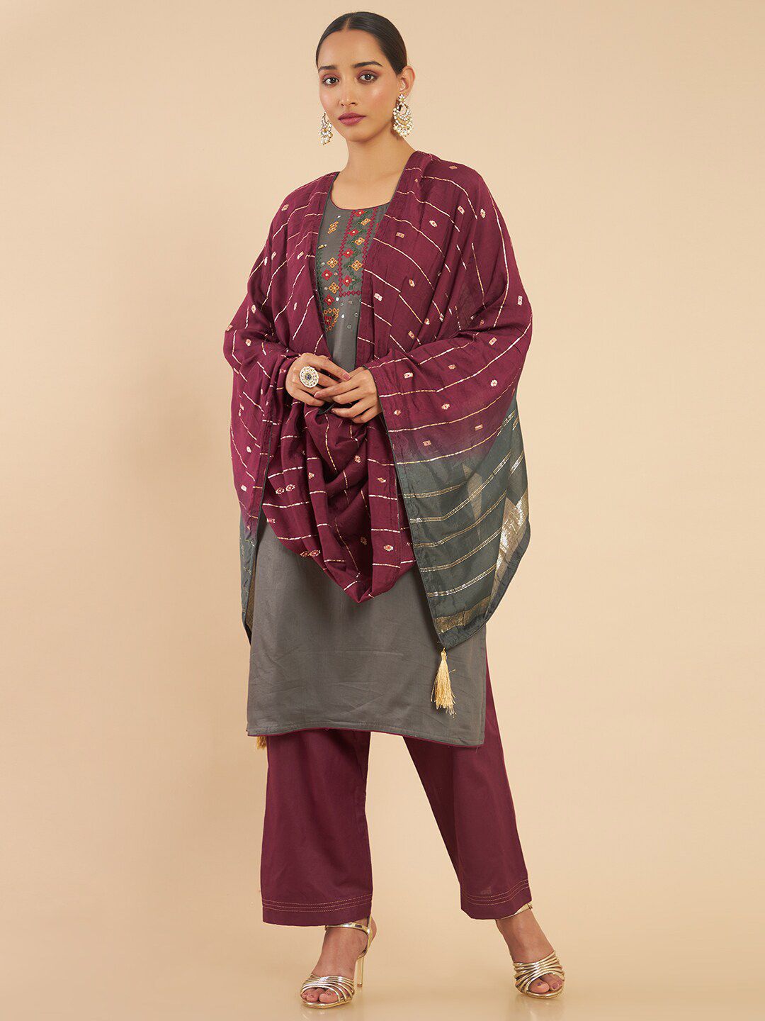 Soch Grey & Peach-Coloured Embroidered Pure Cotton Unstitched Dress Material Price in India