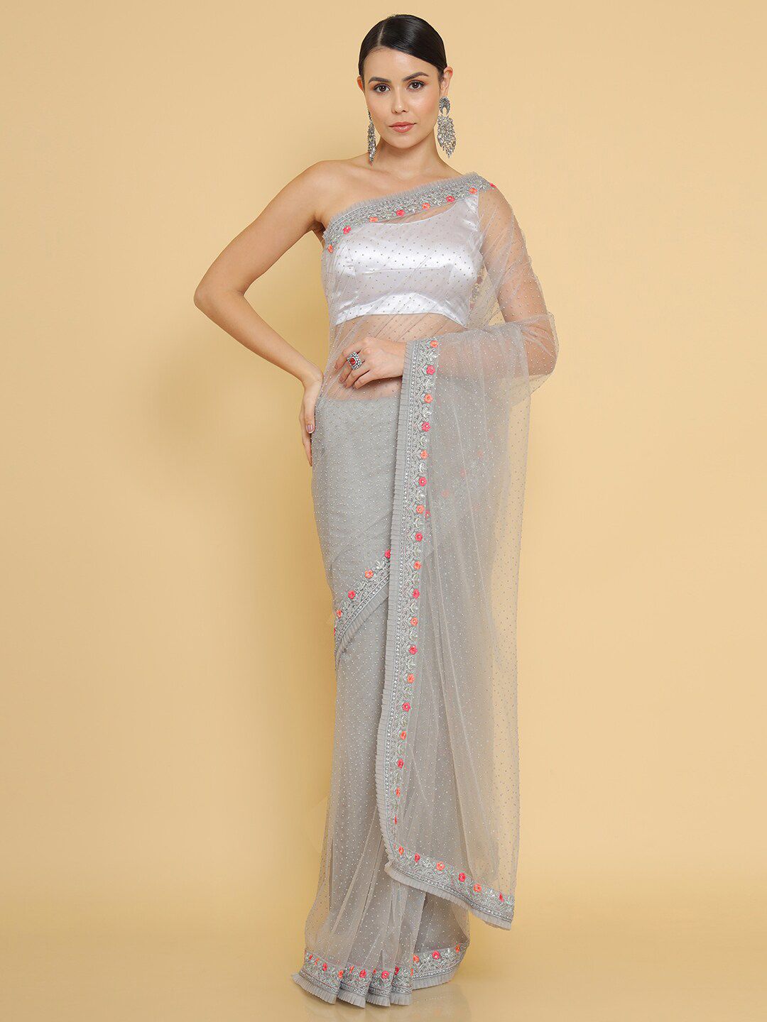 Soch Grey & Pink Floral Beads and Stones Net Saree